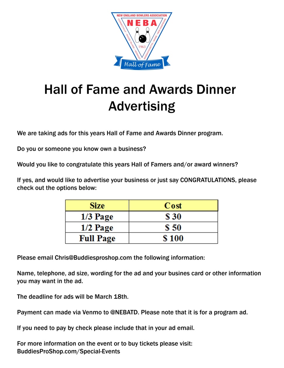 Put an ad or message in the Hall of Fame & Annual Awards Dinner Program